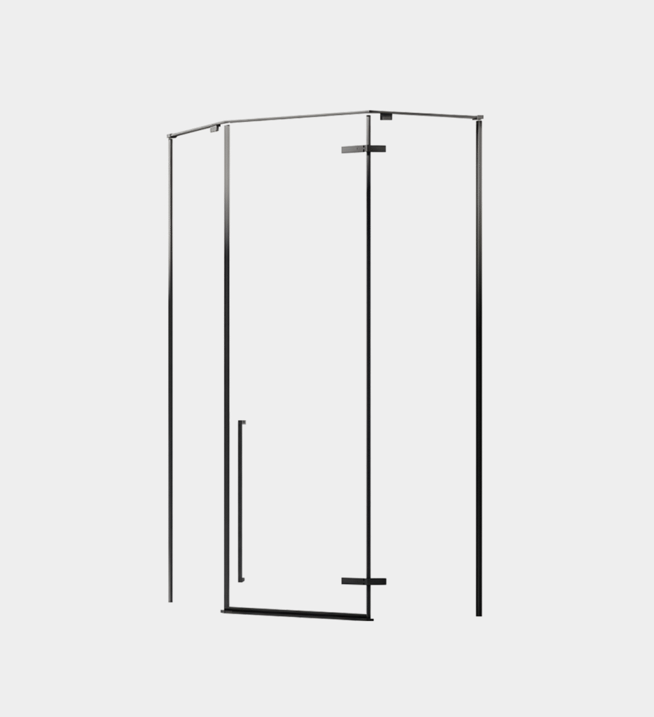 Celestial neo-angle glass shower enclosure with empty gray frame and tall vertical handle