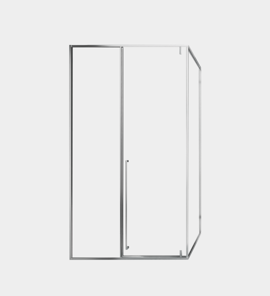 Coral L-shaped glass shower enclosure with vertical handle and empty ash frame