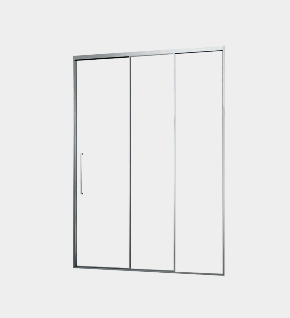 Earth shower enclosure with three-panel sliding doors and silver frame in modern bathroom