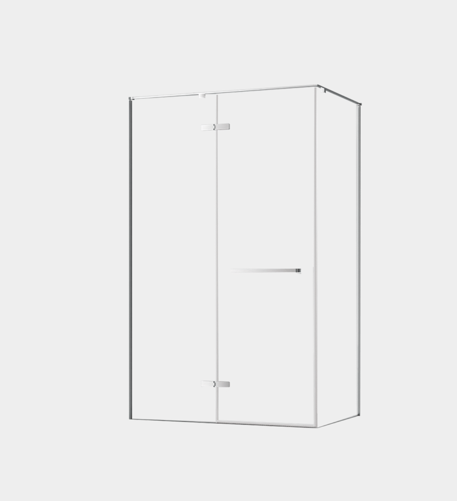 Forestland glass shower enclosure with minimalist swing door and bright chrome frame