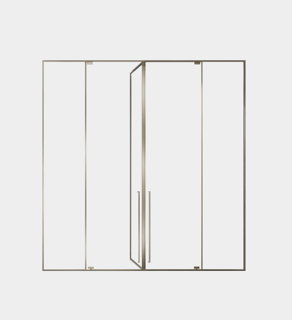 Nautical four-panel glass shower with vertical handles and desert gold frame