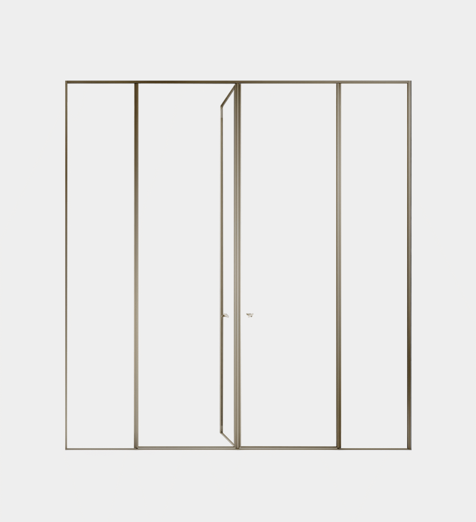 Naval four-panel shower enclosure with center swing door and gold frame