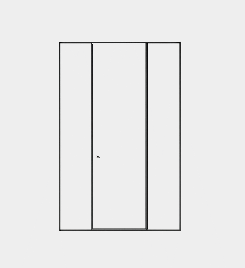 Seagrass glass shower enclosure with center sliding door and brushed black frame