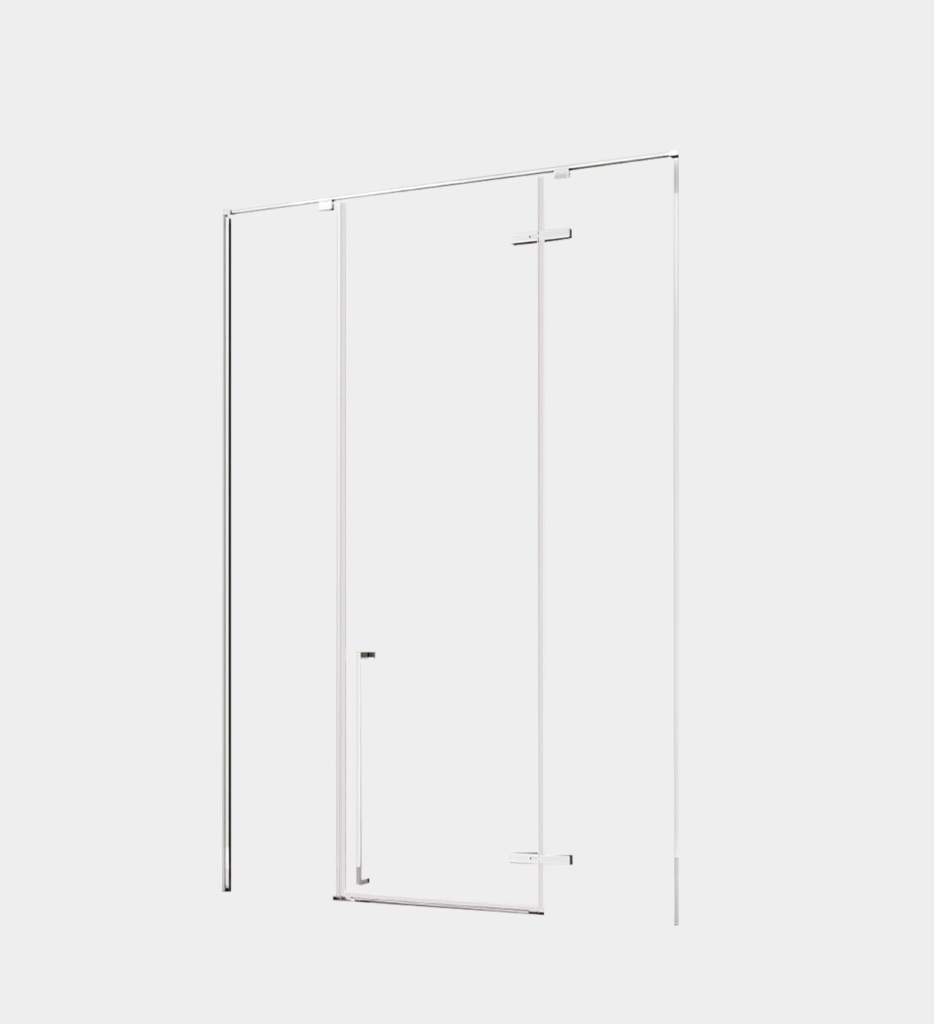Shoal frameless glass shower enclosure with swing door and chrome finish by Vitta