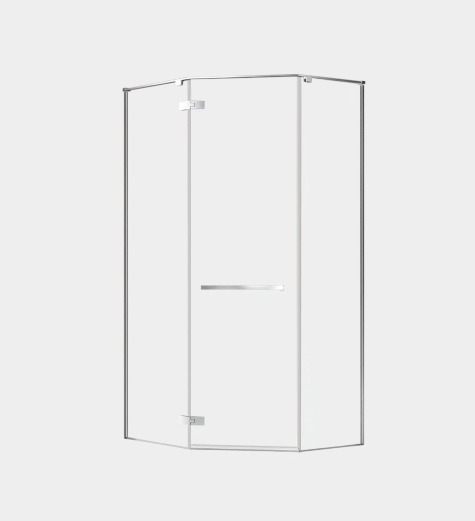 Starfish diamond-shaped glass shower enclosure with central swing door and silver frame