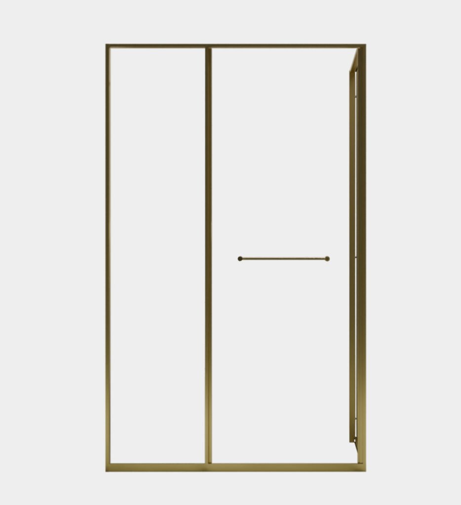 Tides inward-sliding glass shower enclosure with desert gold frame